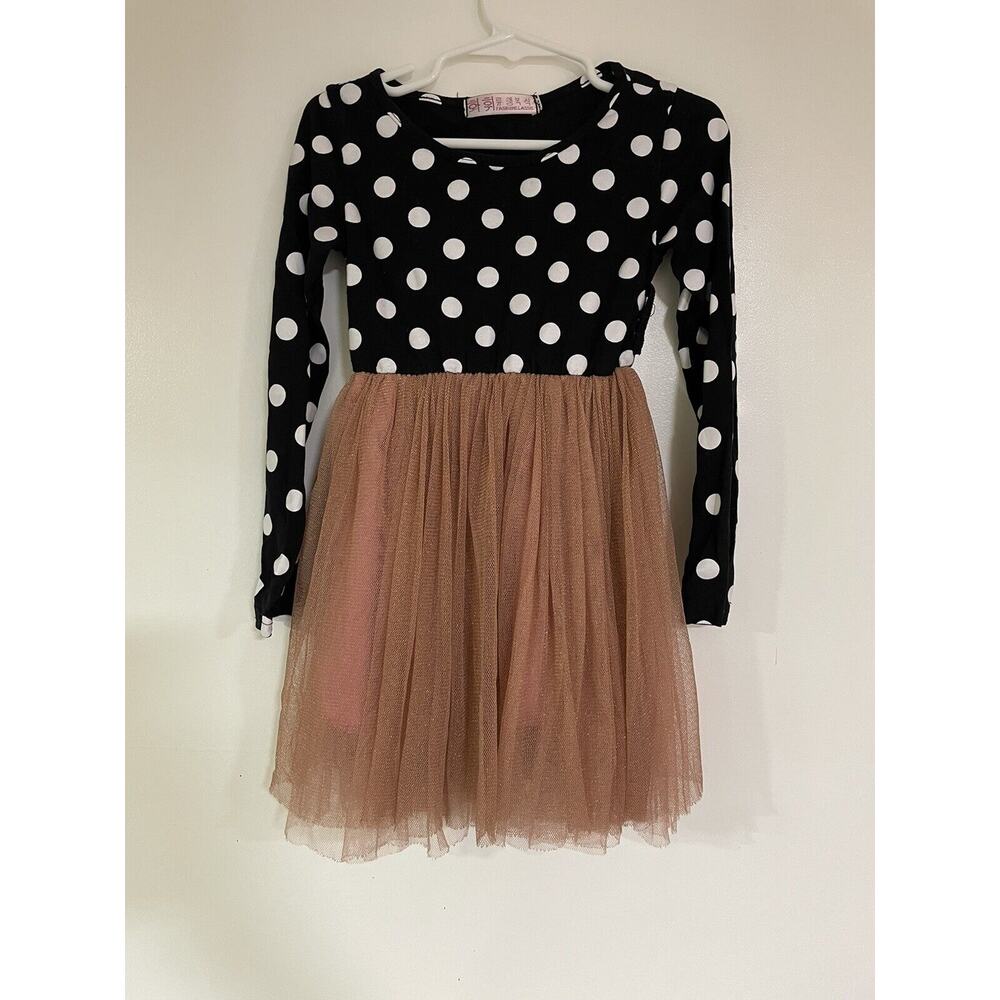 NNJXD Black & White Polka Dot Long Sleeve Tulle Lined Dress Size 5t